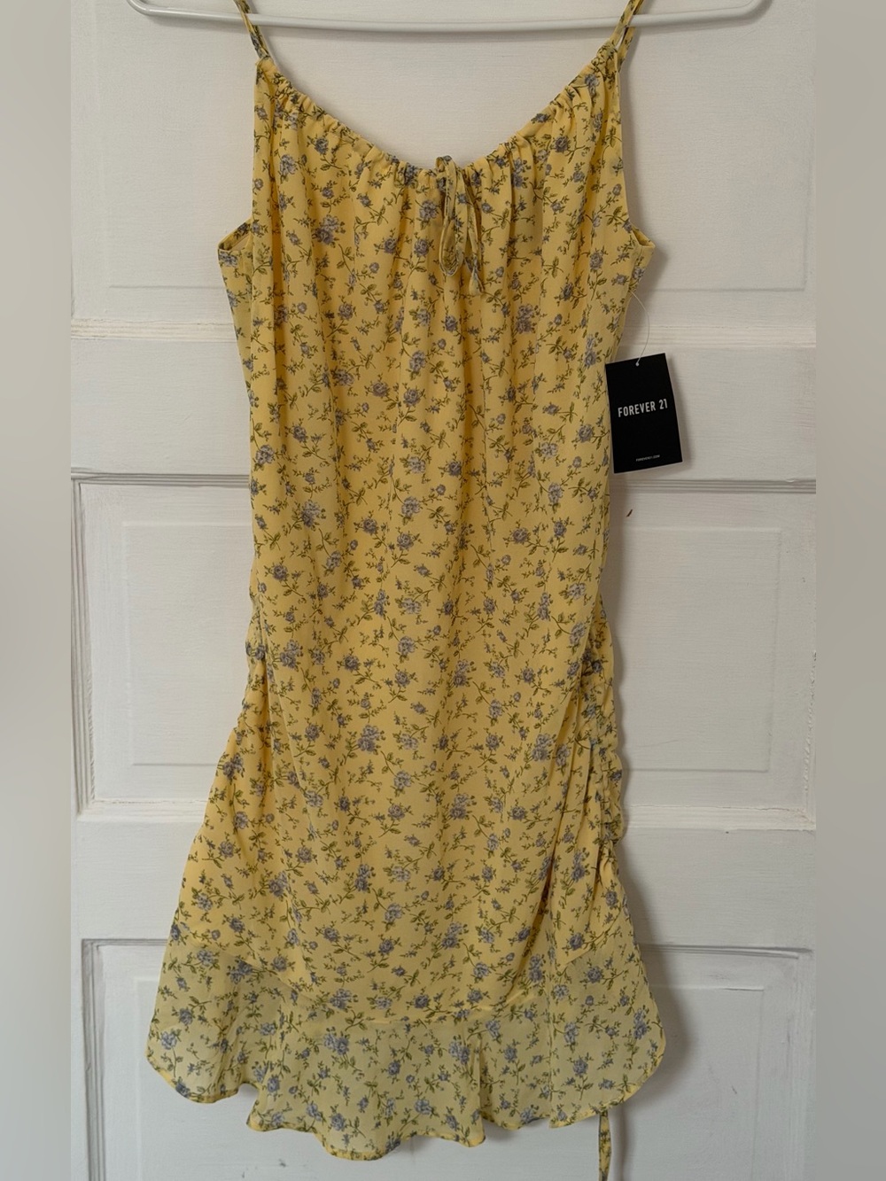 Yellow Floral Strap Midi Dress with side ruched.